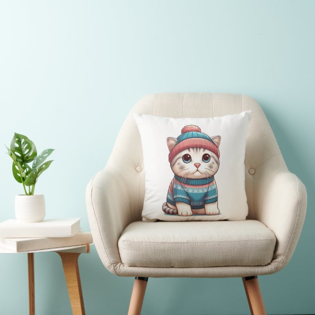 Coussin Cute Chat en pull et beanie (Chaise)