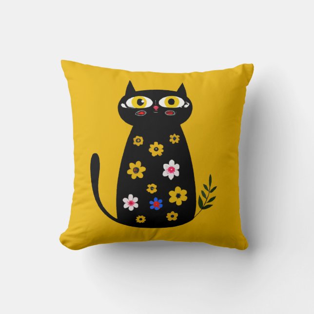 Coussin Cute Chat Floral Noir (Recto)