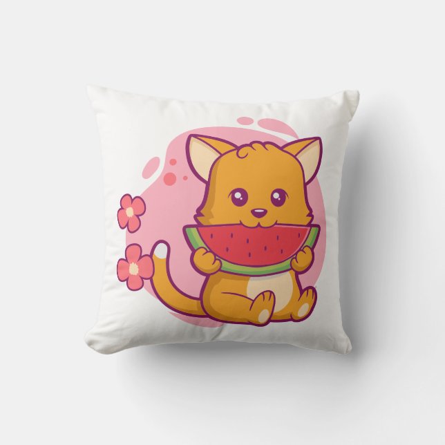 Coussin Cute Chat Manger Watermelon | Kawaii (Recto)