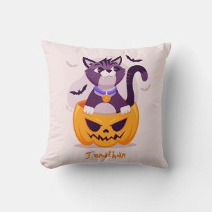 Coussin Cute Chat sur Citrouille Éffrayant et chauves-sour