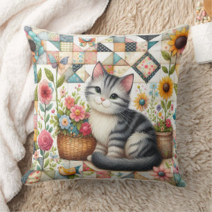 Coussin Cute Chat sur Plage Florale Cottagecore Art