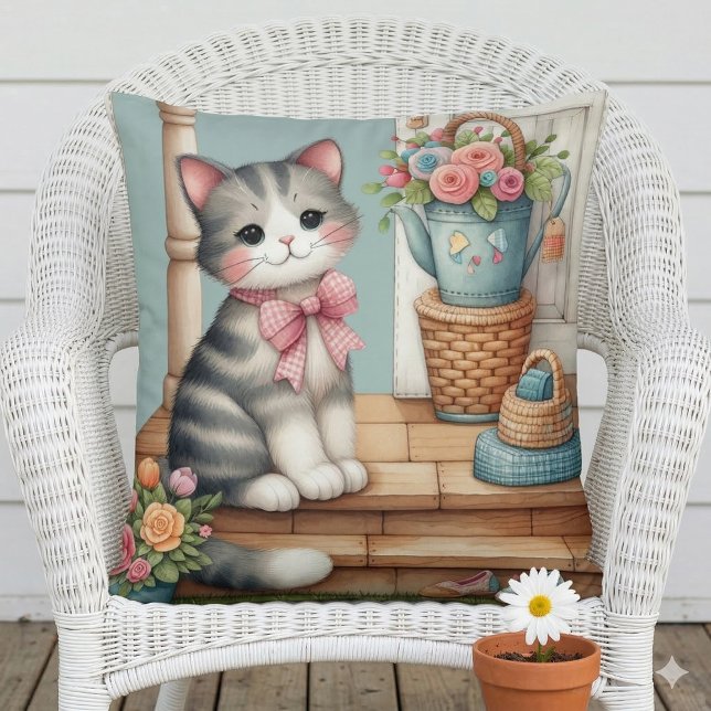 Coussin Cute Chat sur Porche avec Fleurs et Patchwork (Porch Kitty Floral Patchwork Scene Throw Pillow Mockup A)