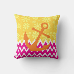 Coussin Cute Chevrons Rose Avec Ancre Orange Fille