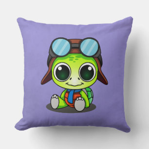 Coussin Cute Chibi Cartoon Turtle en Aviator Casquette