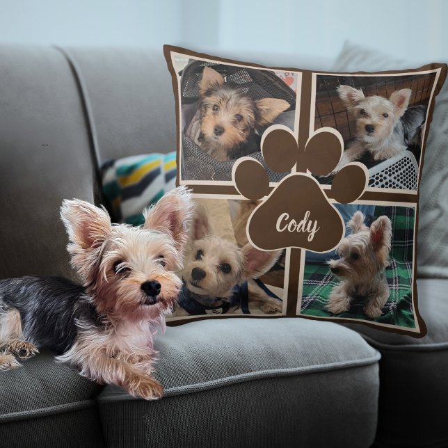 Coussin Cute Chien Chat Photo Collage Nom de l'animal de c (Custom Dog Paw Pet Photo Collage Personalized Pet Name Pillow)