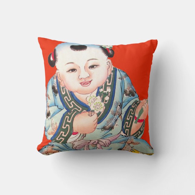 Coussin Cute Chinois rouge rire Bouddha art asiatique (Recto)