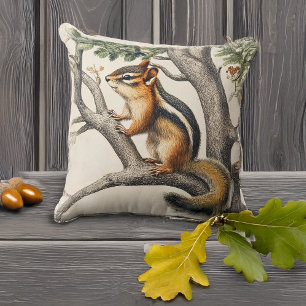 Coussin Cute Chipmunk dans un arbre modèle vintage illustr