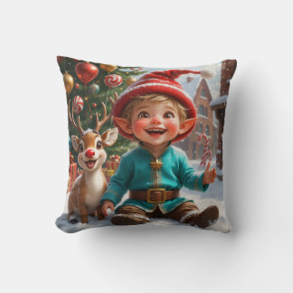 Coussin Cute Christmas Elf & Reindeer Throw Pillow