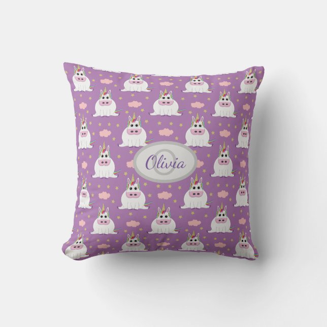 Coussin Cute chubby bébé Unicorn motif, monogramme violet (Recto)