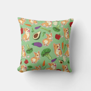 Coussin Cute Corgi et légumes Motif alimentaire Vert