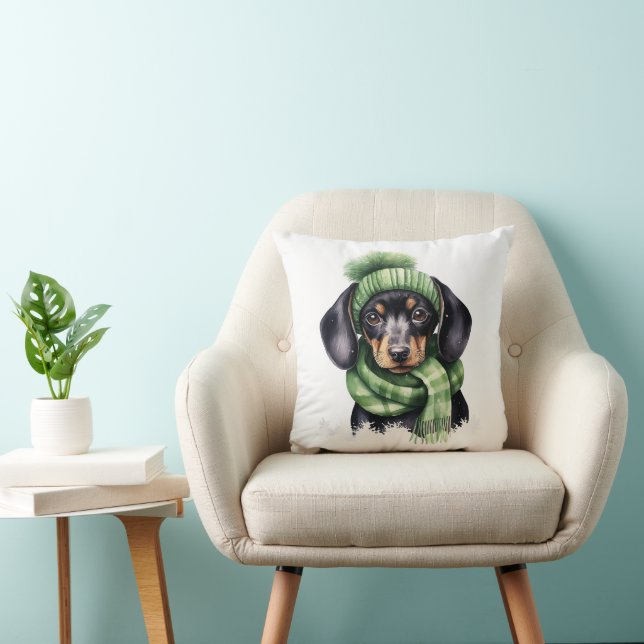 Coussin Cute Dachshund Chiot avec Casquette et Écharpe : (Chaise)