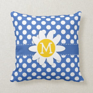Coussin Cute Daisy sur Cerulean Blue Pois