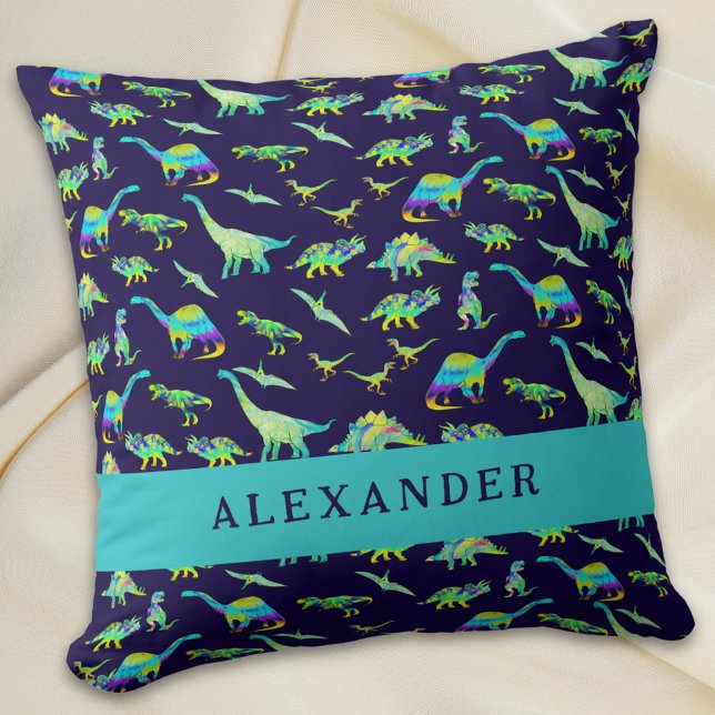Coussin Cute Dinosaur Nom personnalisé Bleu (Cute dinosaur personalized name boy baby blue pillow colorful dino pattern kids bedroom home decor)