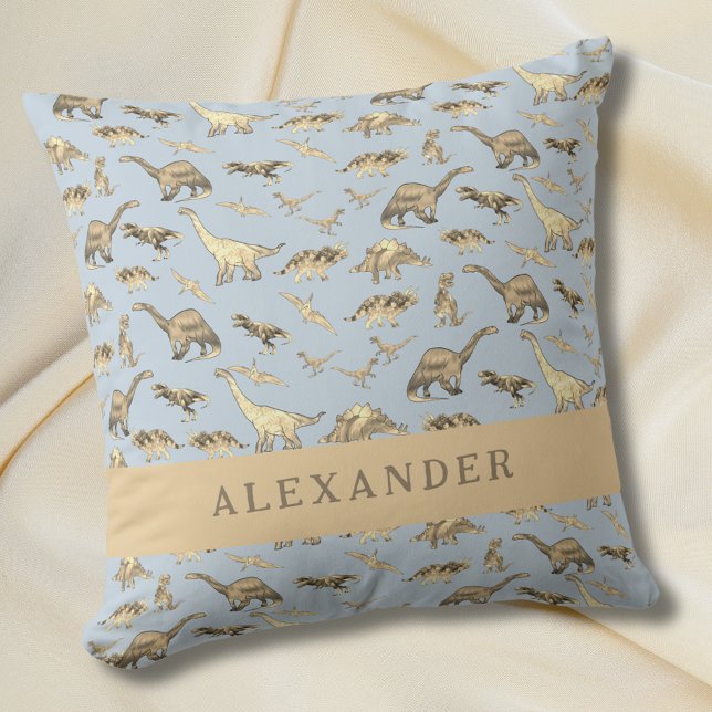 Coussin Cute Dinosaur Nom personnalisé Bleu (Cute dinosaur pattern personalized name blue pillow baby Boys Jurassic dino bedroom home decor)