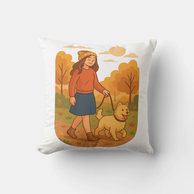 Coussin Cute Dog Mom Walking Pup in Cozy Forest  (Recto)