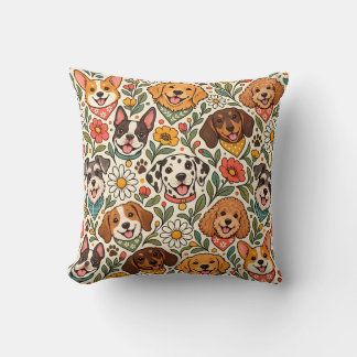 Coussin Cute Dogs and Colorful Floral Pattern