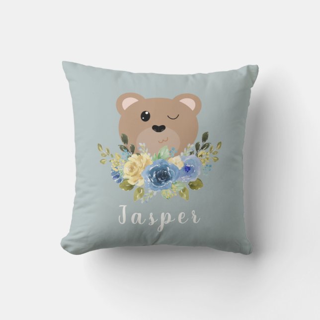 Coussin Cute Dusty Blue Teddy Nom de l'ours Enfants (Recto)