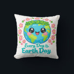 Coussin Cute Earth Day Throw Pillow<br><div class="desc">Add a cheerful eco-friendly touch to your home with this cute Earth Day throw pillow featuring a happy kawaii Earth with big smiling eyes, a green leaf crown, and pink flowers, along with the uplifting message “Every Day is Earth Day.” This bright and playful cushion is perfect for sofas, beds,...</div>