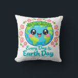 Coussin Cute Earth Day Throw Pillow<br><div class="desc">Add a cheerful eco-friendly touch to your home with this cute Earth Day throw pillow featuring a happy kawaii Earth with big smiling eyes, a green leaf crown, and pink flowers, along with the uplifting message “Every Day is Earth Day.” This bright and playful cushion is perfect for sofas, beds,...</div>