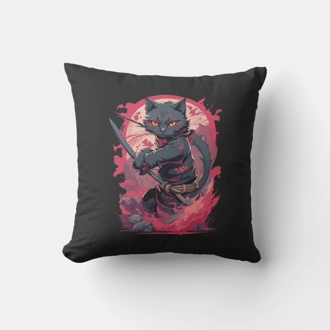 Coussin Cute Fire Splash Noir Ninja Chat Guerrier (Recto)