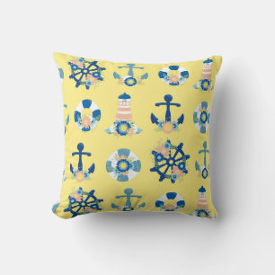 Coussin Cute Floral Ancre nautique phare Jaune