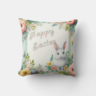 Coussin Cute, floral heureux lapin de Pâques