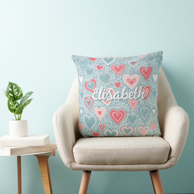 Coussin Cute Folk Floral Heart Dusty Blue Blush Pink Nom (Chaise)