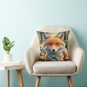 Coussin Cute Fox avec arc vert et rose