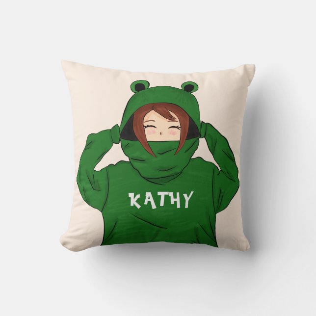 Coussin Cute Girl with Green Frog Hoody Nom du dessin (Recto)