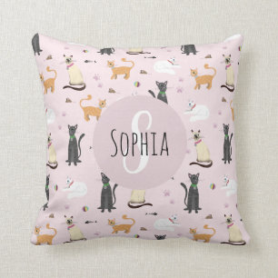 Coussin Cute Girly Kitty Chat Motif Monogramme Nom Enfants