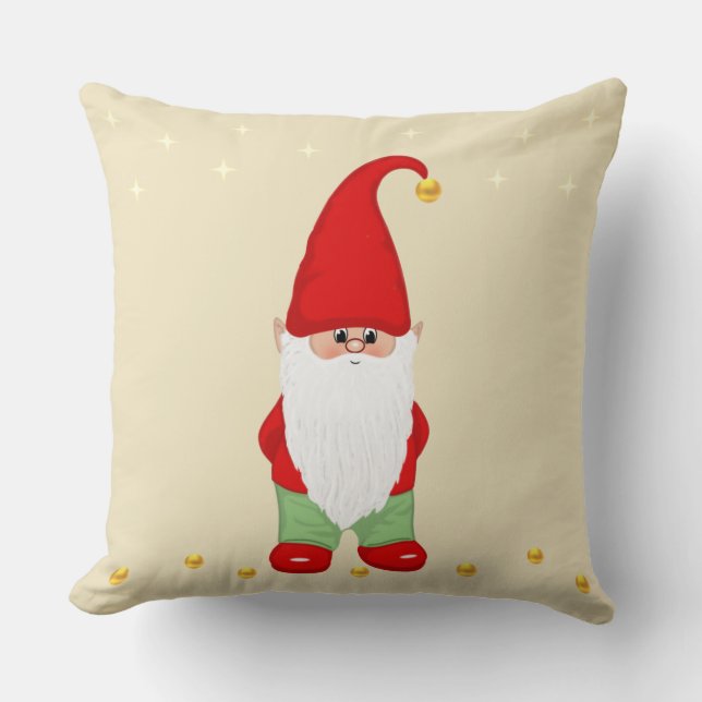 Coussin Cute Gnome, Étoiles et Confettis Dorés sur Beige (Recto)