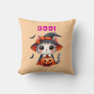 Coussin Cute Halloween Chat avec Citrouille et sorcière Ca