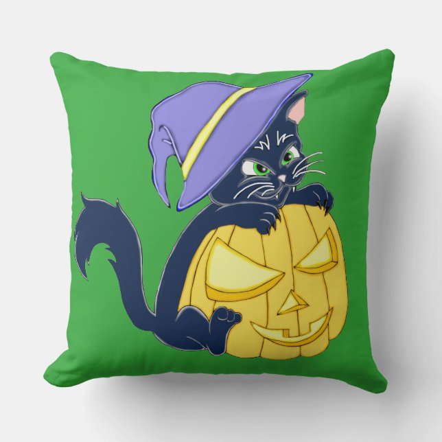 Coussin Cute Halloween Chat noir et Citrouille (Recto)