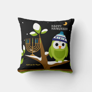 Coussin Cute Hanoukka Big Owl & Menorah Snowy Tree Nuit