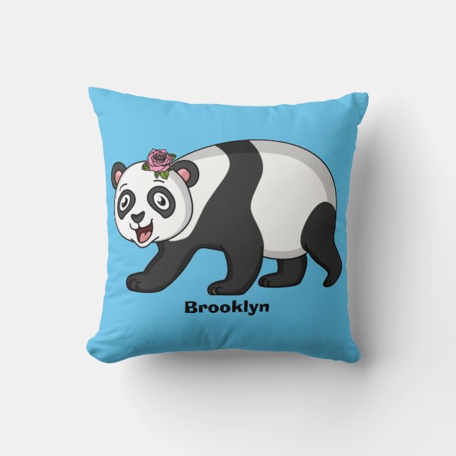 Coussin Cute happy panda bear with flower cartoon (Recto)