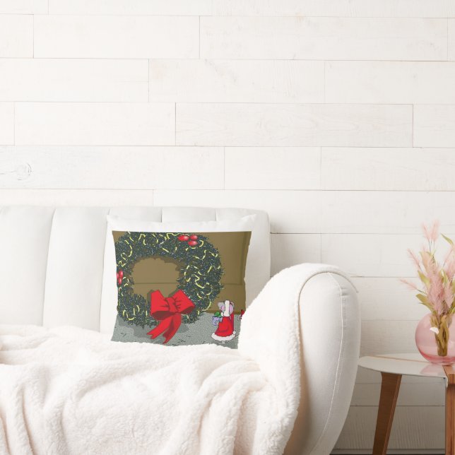Coussin Cute Holiday Pillow with a mouse and wreath. (Canapé)