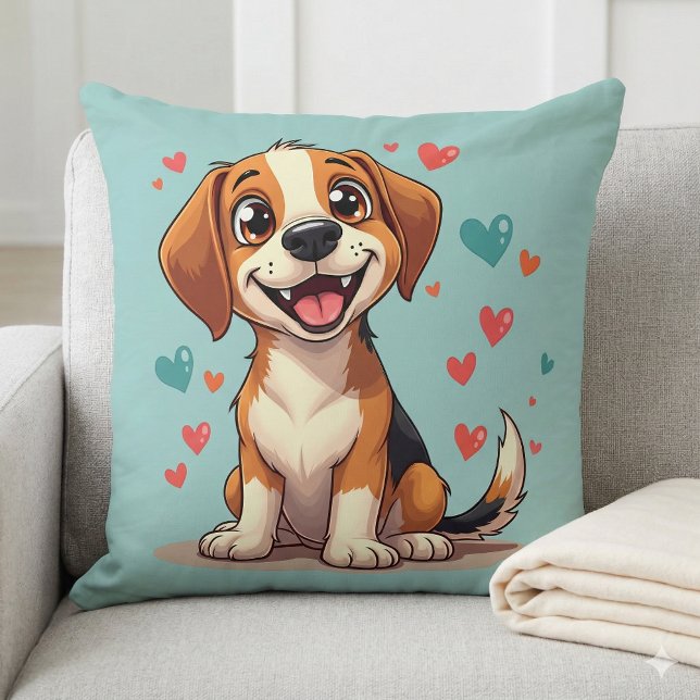 Coussin Cute Kawaii Beagle avec Coeurs Jouer Chien (Cute Kawaii Beagle with Hearts Playful Dog Throw Pillow Mockup A)