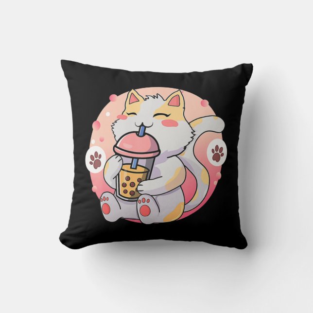 Coussin Cute Kawaii Chat Boba Tea Anime Kitten Cadeau Enfa (Recto)