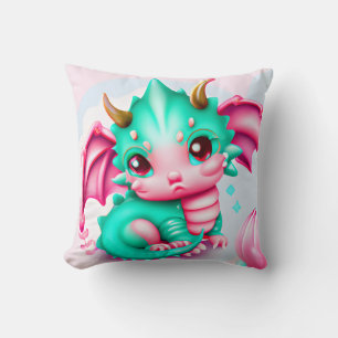 Coussin Cute Kawaii Dragon de bébé Turquoise et rose