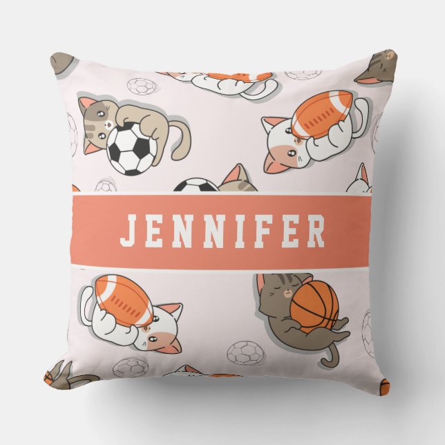 Coussin Cute Kawaii Kittens & Sports Balls Filles Nom Enfa (Recto)
