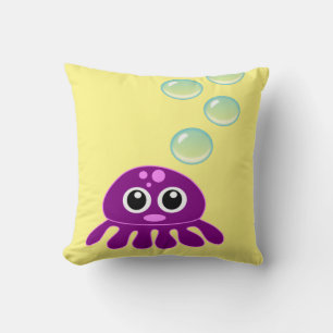 Coussin Cute Kawaii méduse violette avec des bulles bleues