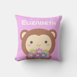 Coussin Cute Kawaii Monkey Pastel Purple Pink Flowers