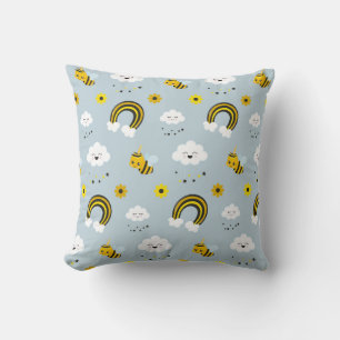 Coussin Cute Kawaii Unicorn Bees et Rainbow Grey Yellow