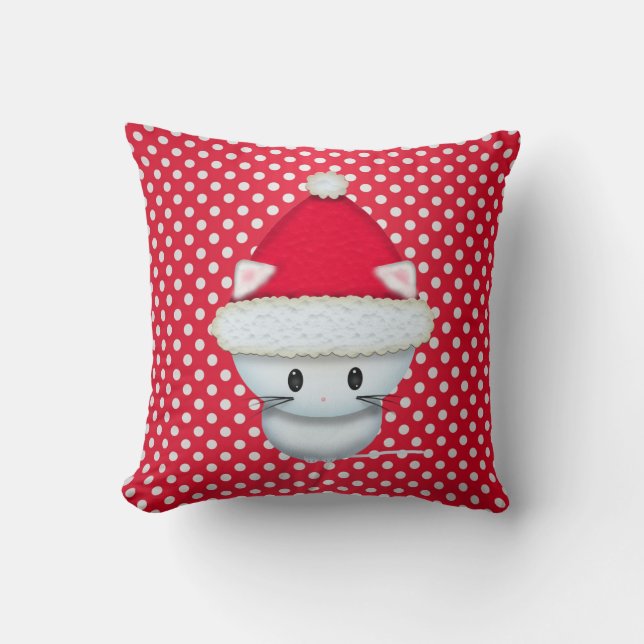 Coussin Cute Kitten blanc à Santa Hat Red Polka point (Recto)