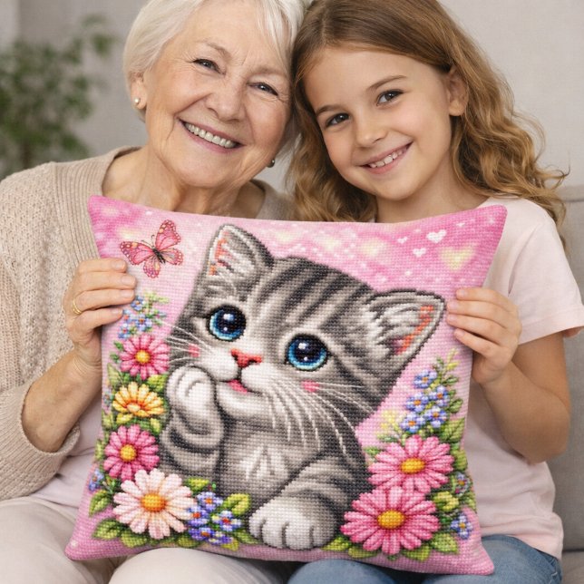 Coussin Cute Kitten Floral Cross Stitch Throw Pillow (Créateur téléchargé)
