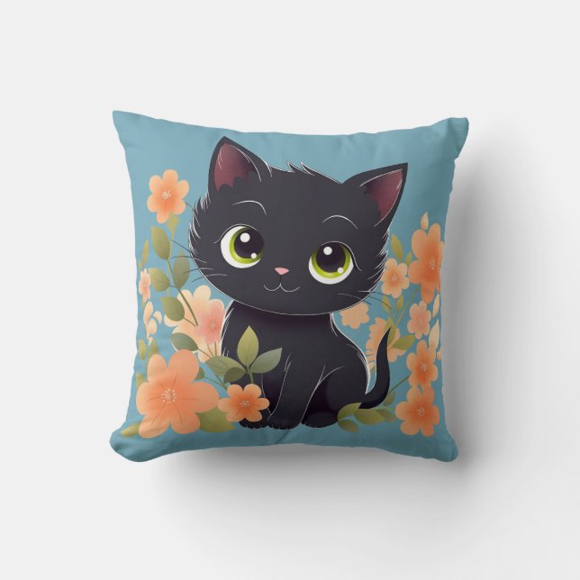 Coussin Cute Kitten noir, Panthère maison avec fleurs (Recto)