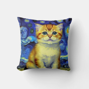 Coussin Cute Kitten Starry Night Van Gogh
