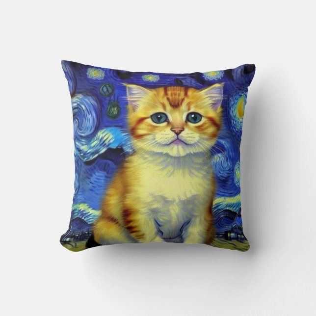 Coussin Cute Kitten Starry Night Van Gogh (Recto)