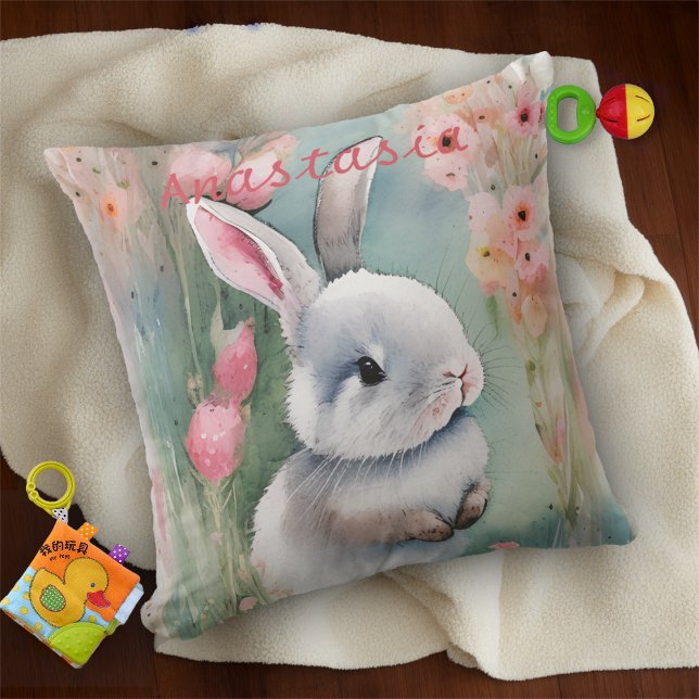 Coussin Cute Lapin Lapin Pastel Aquarelle Fleurs de printe (Créateur téléchargé)