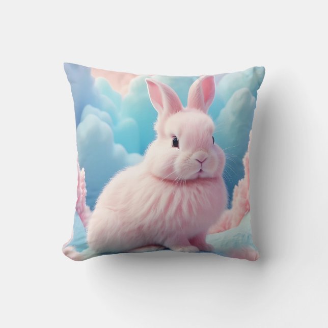 Coussin Cute Lapin Rose Coton Bonbons Nuages (Recto)